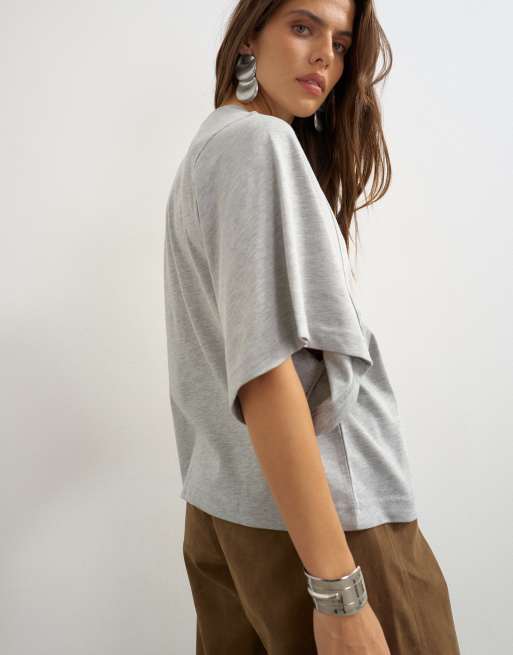 Topshop - T-shirt grigio mélange con maniche ad ali di pipistrello, 3 di 4