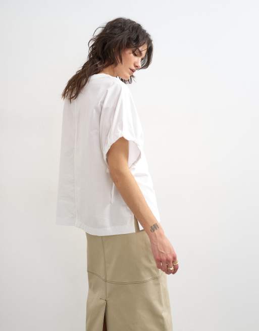 Topshop - T-shirt ibrida bianca con laccetti sulle maniche, 4 di 4