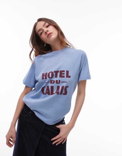 Topshop – T-Shirt in Blau mit „Hotel du Calais“-Grafik - view 1
