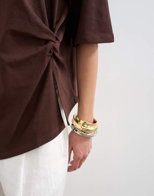 Topshop – T-Shirt in dunklem Schokobraun mit Knotendetail, 2 von 4