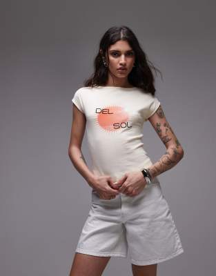 Topshop - T-Shirt in Gelb mit Kappärmeln und „DEL SOL"-Grafik