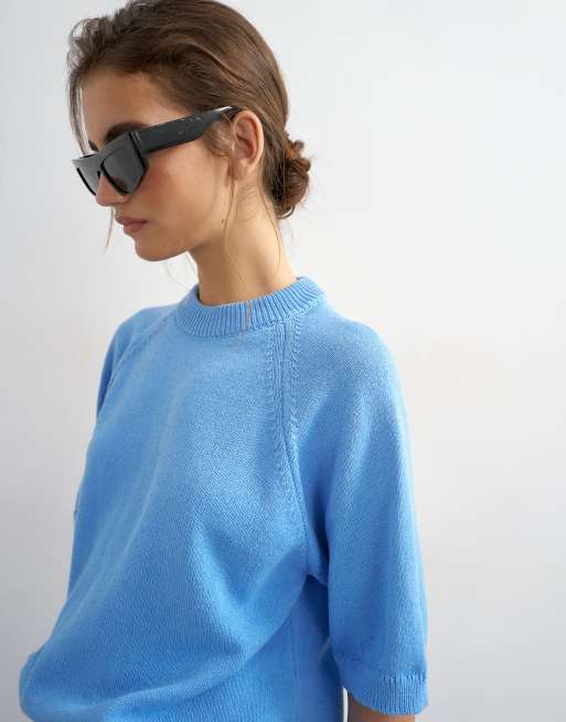 Topshop - T-shirt in maglia blu fiordaliso con mezze maniche, 1 di 4