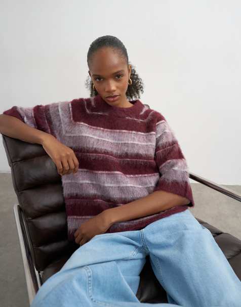 Topshop - T-shirt in maglia bordeaux a righe con mezze maniche - view 1