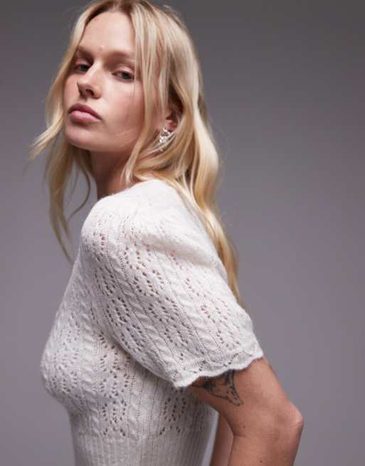 Topshop - T-shirt in maglia traforata color avorio