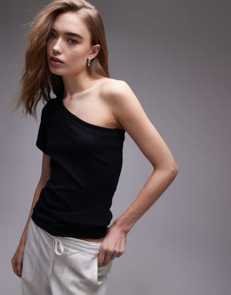 Topshop – T-Shirt in Schwarz mit One-Shoulder-Träger - view 1