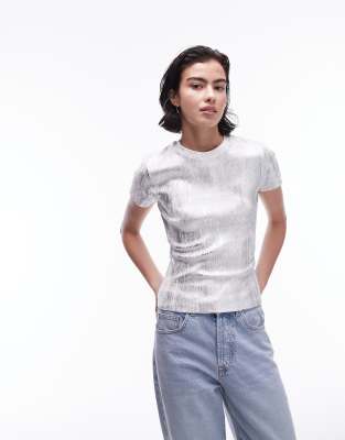 Topshop - T-Shirt in Silber mit Folien-Design-Gelb