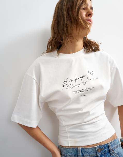 Topshop – T-Shirt in Weiß mit strukturierter Taille und Grafik mit offenem Archiv-Design - view 1