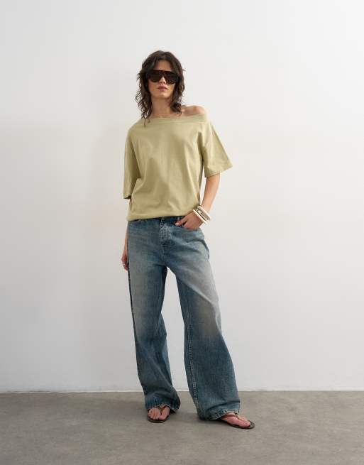 Topshop - T-shirt kaki con spalle scese, 4 di 4