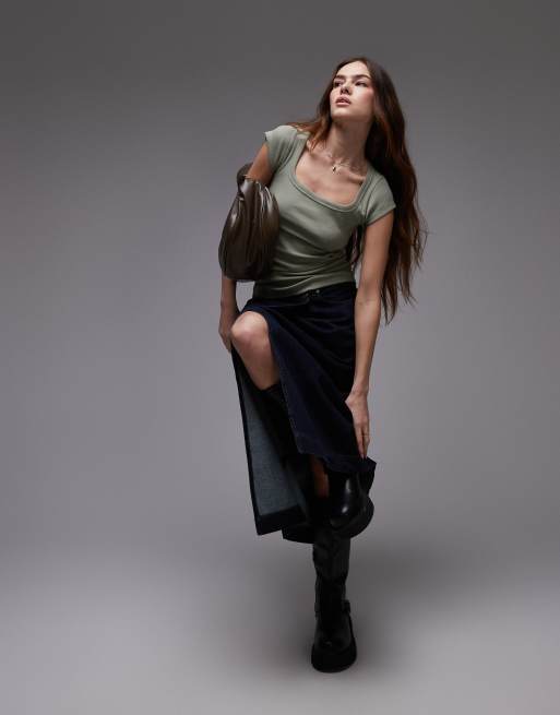 Topshop - T-shirt kaki slavato a coste con scollo squadrato e maniche ad aletta, 3 di 4