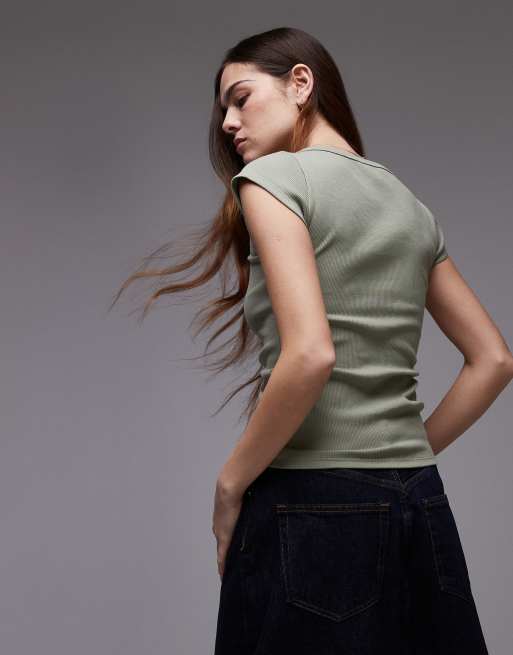 Topshop - T-shirt kaki slavato a coste con scollo squadrato e maniche ad aletta, 4 di 4