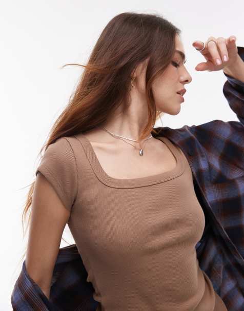 Topshop - T-shirt marrone caramello a coste con scollo squadrato e maniche ad aletta - view 1
