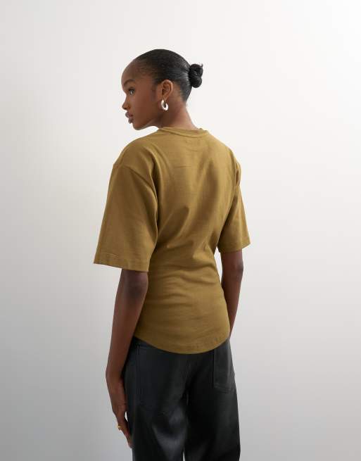 Topshop t-shirt med axelvaddar och korta ärmar i khaki, 3 av 4