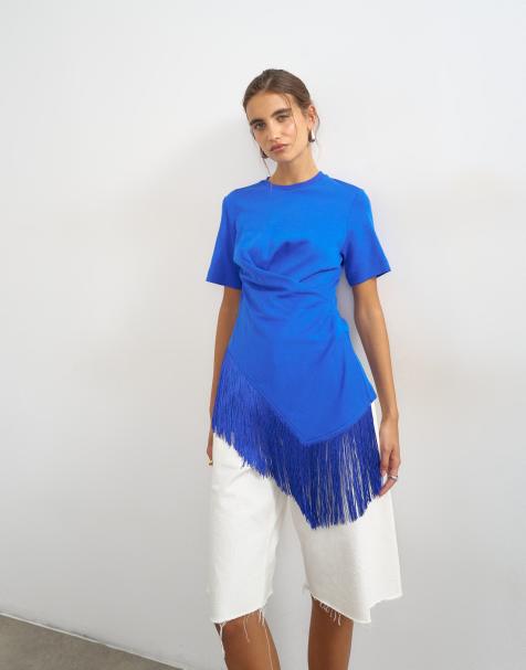 Topshop T-shirt med frynser, slå om-front og kvastkant i koboltblå - view 1