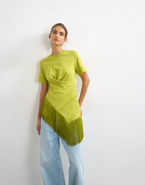 Topshop T-shirt med frynser, slå om-front og kvastkant i oliven - view 1