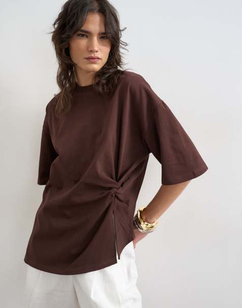 Topshop - T-shirt met gedraaide knoop in donker chocoladebruin - view 1