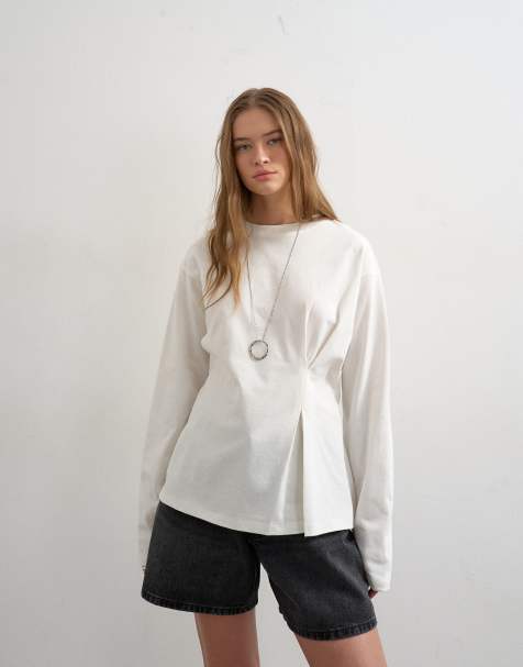 Topshop - T-shirt met geplooide taille en lange mouwen in ivoorwit - view 1