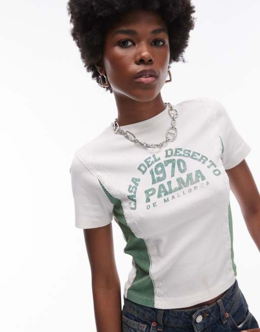 Topshop - T-shirt met grafische 'Palma'-print en kanten inzetstukken in wit