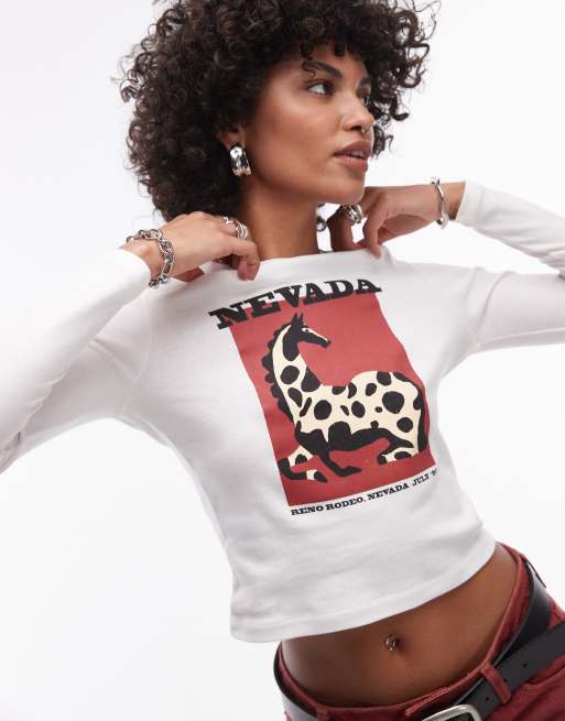 Topshop - T-shirt met lange mouwen en Nevada-print in wit