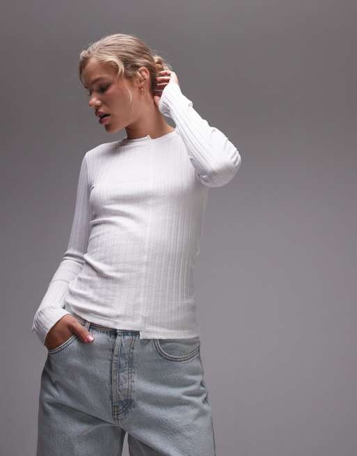 Topshop - T-shirt met lange mouwen en onsamenhangende ribbels in wit