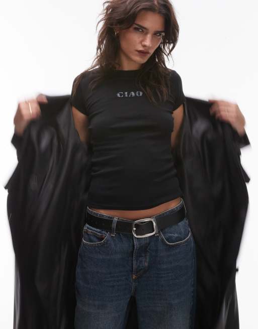 Topshop - T-shirt met lange pasvorm en 'Ciao' print in zwart