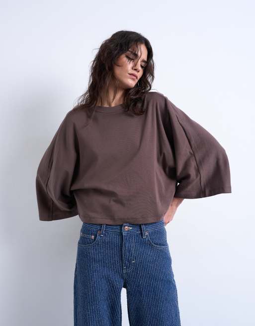 Topshop - T-shirt met super wijde mouwen in chocoladebruin, 4 van 4