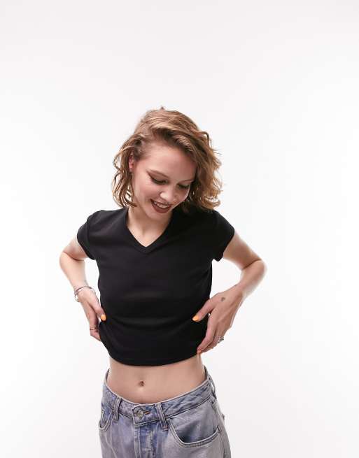 Topshop - T-shirt met V-hals in zwart