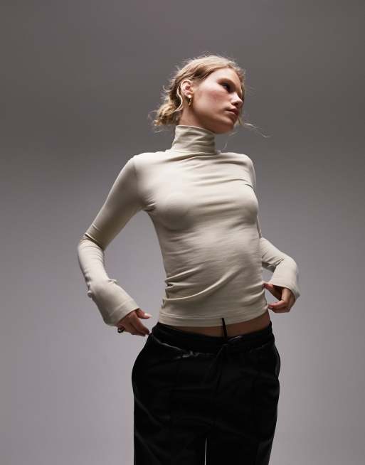 Topshop - T-shirt minimal a maniche lunghe color pietra con collo a imbuto