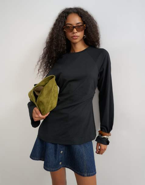 Topshop T-Shirt mit langen Raglanärmeln und taillierter Taille in Schwarz - view 1