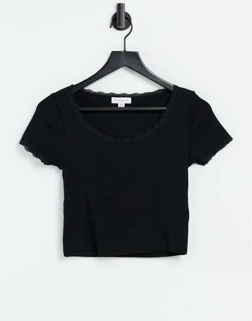 Topshop - T-shirt nera con scollo rotondo e finiture in pizzo