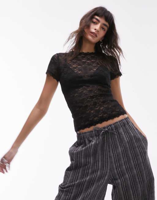 Topshop - T-shirt nera in pizzo taglio lungo