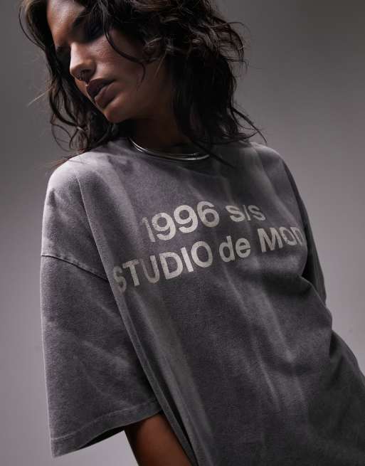 Topshop - T-shirt oversize à imprimé 1996 Studio - Ardoise