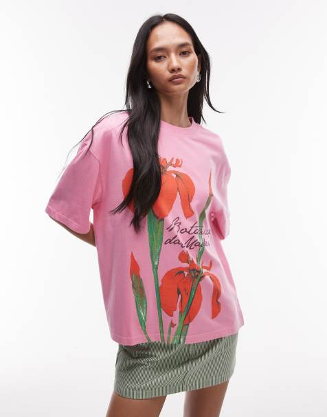 Topshop - T-shirt oversize avec imprimé fleurs oversize - Rose - view 1