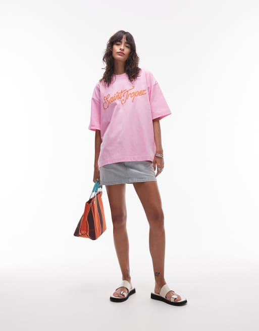 Topshop - T-shirt oversize avec imprimé Saint-Tropez en relief - Rose, 3 de 4