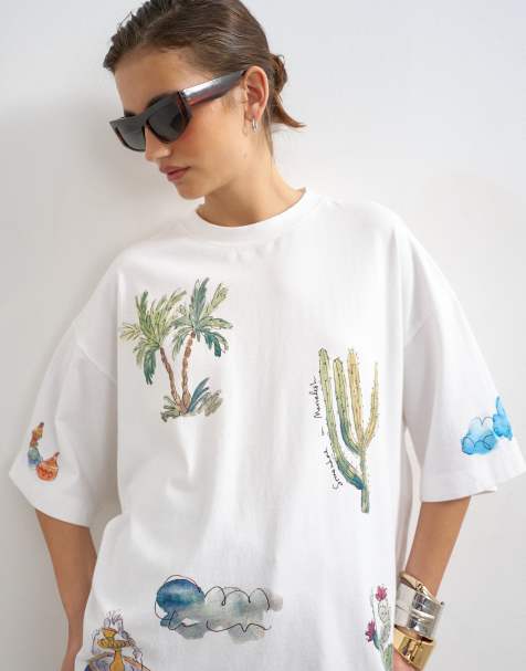 Topshop - T-shirt oversize bianca con grafica natalizia e stampa di doodle - view 1