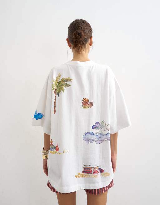 Topshop - T-shirt oversize bianca con grafica natalizia e stampa di doodle, 3 di 4