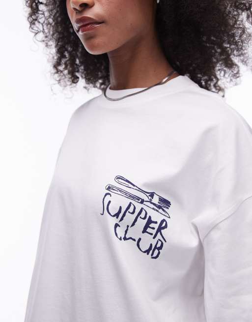 Topshop - T-shirt oversize bianca con grafica "Supper Club", 2 di 4