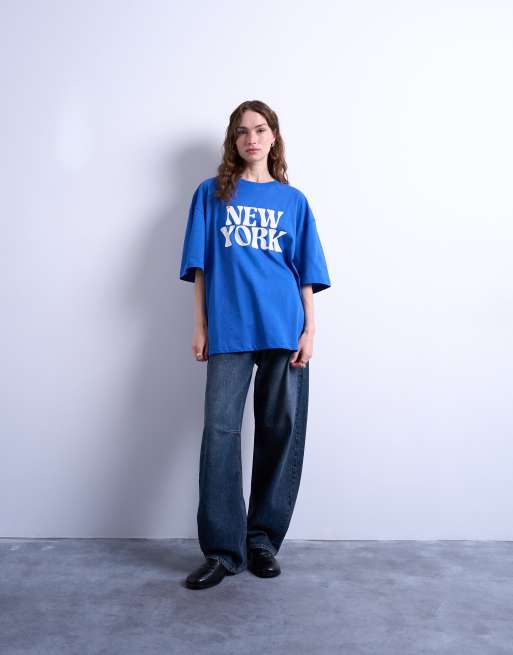 Topshop - T-shirt oversize blu cobalto con grafica "New York", 2 di 4