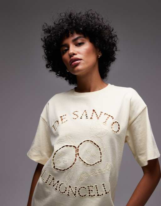 Topshop - T-shirt oversize color latticello con motivo Limoncello in pizzo sangallo