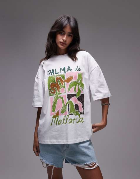 Topshop - T-shirt oversize en jersey à motif Palma de Mallorca - Blanc - view 1