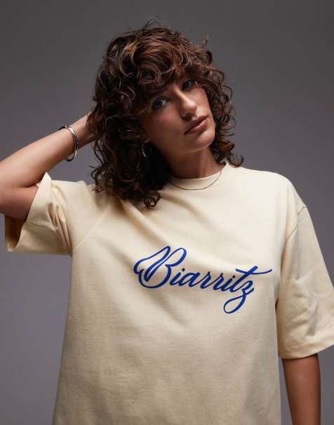 Topshop - T-shirt oversize giallo latticello in jersey con scritta "Biarritz" - view 1