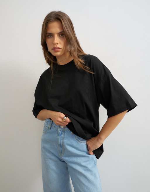 Topshop - T-shirt oversize nera con spalle scese, 4 di 4