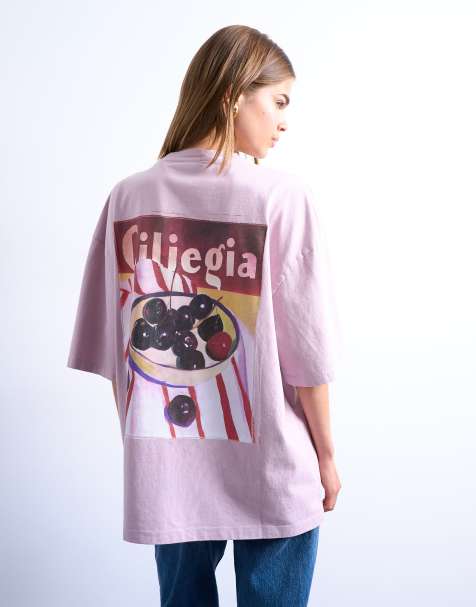 Topshop - T-shirt oversize rosa con stampa di ciliegie - view 1