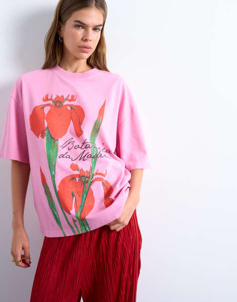 Topshop - T-shirt oversize rosa con stampa di fiori - view 1