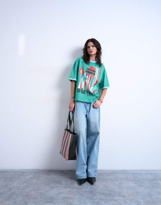 Topshop - T-shirt oversize verde con grafica Barcelona e bordi a contrasto, 3 di 4