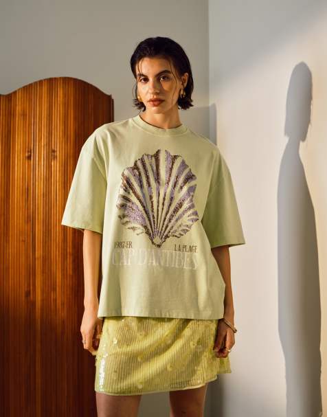 Topshop - T-shirt oversize verde con stampa di conchiglia e scritta “Cap D'Antibes” - view 1