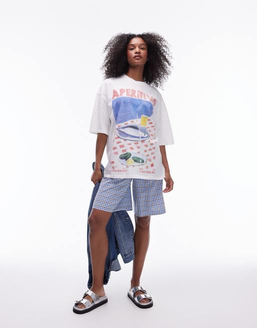 Topshop – T-shirt oversize w kolorze ecru z grafiką „Aperitivo”