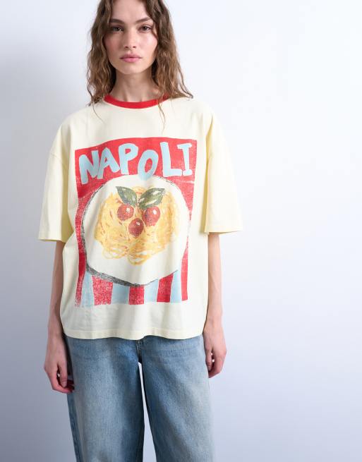 Topshop – T-shirt oversize w kolorze ecru z kontrastowymi lamówkami i grafiką z napisem Napoli