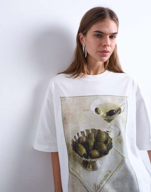 Topshop – T-shirt oversize w kolorze kości słoniowej z grafiką z martini
