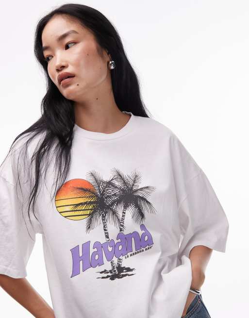 Topshop – T-shirt oversize z dżerseju w kolorze ecru z nadrukiem „Havana“
