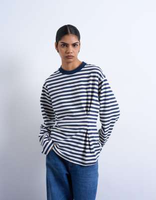 T-shirt plissé à la taille à rayures - Bleu et blanc L